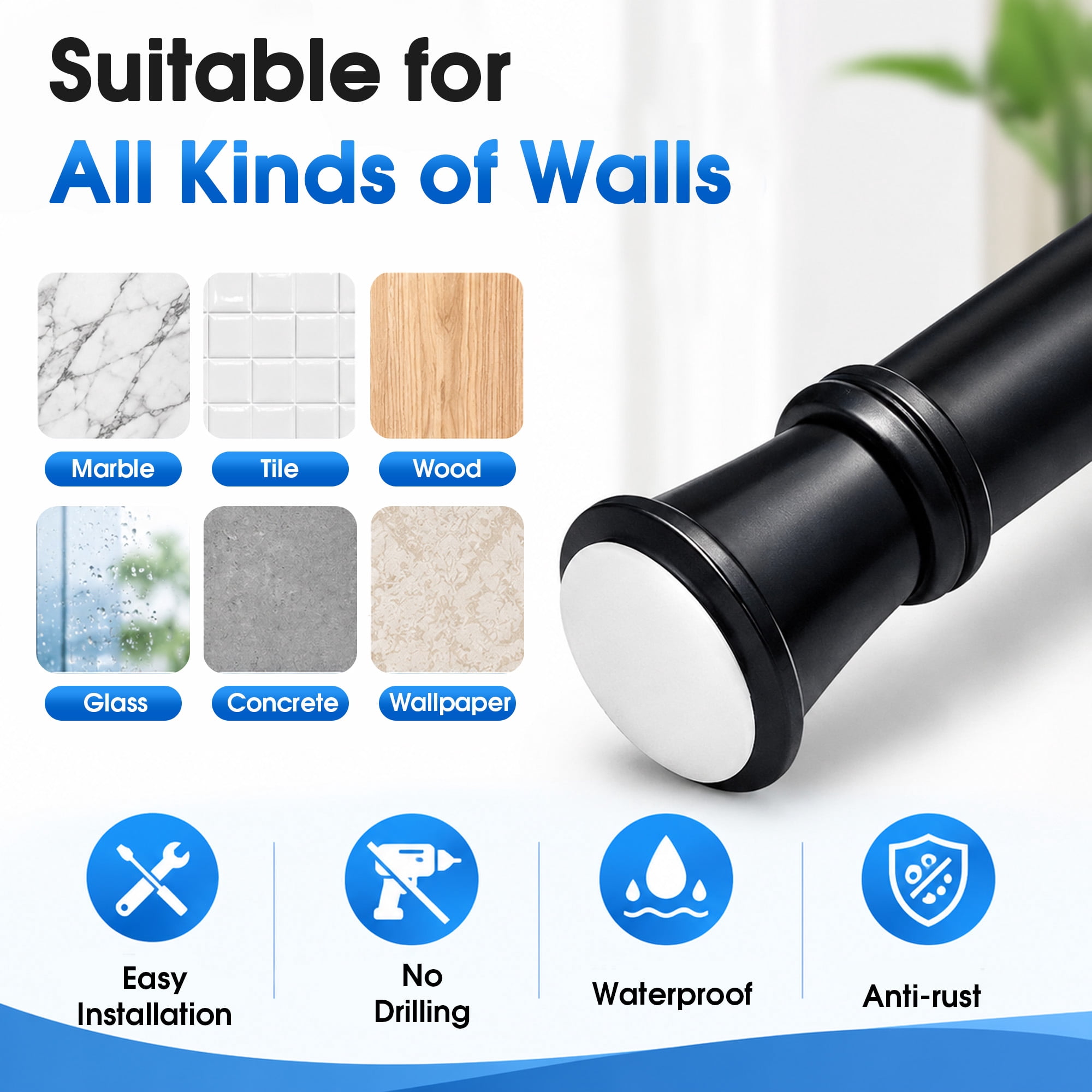 41-78 Inch Adjustable Shower Tension Curtain Rod, No Drill Spring Tension Rod, Non‑Slip Shower Curtain Pole, No‑Drill Hanging Rod for Bathroom Partition, Bedroom Window Curtains, Wardrobe Closet