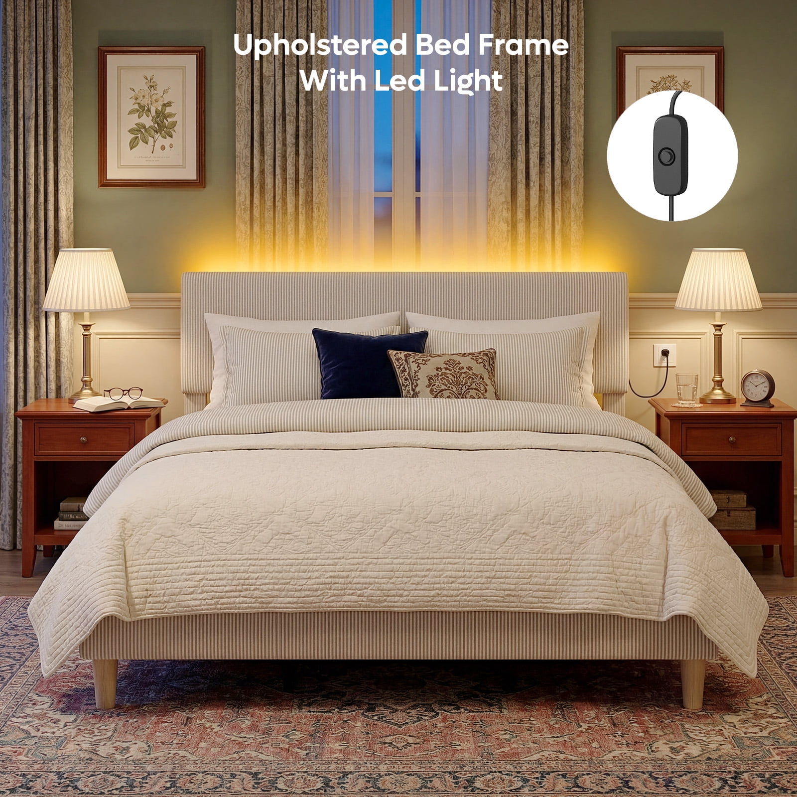 Bestier Corduroy Upholstered King Bed Frame with Adjustable Headboard, Platform Bed Frame with LED Light, Solid Wood Slats, No Box Spring Needed, Off White