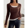 thumbnail image 6 of Lace Henley T-Shirts for Women Button Down Slim Fit Tops Long Sleeve V-Neck Tunic Top Blouse Brown XL, 6 of 9