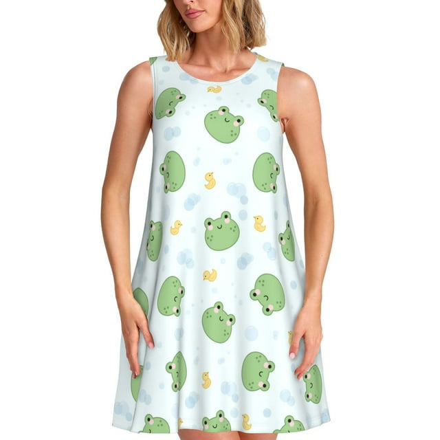 Fotbe Kawaii Frogs Vestido de Verano sin Mangas para Mujer – Vestido Midi Línea A, Estilo Camiseta Floral, Vestido Playero Casual y Fluido