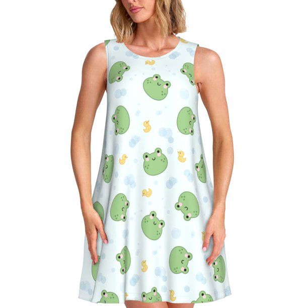 Easygdp Kawaii Frogs para Vestido Transpirable de Mujer, Vestido Suelto de Manga Corta con Pliegues y Bolsillos para el Verano