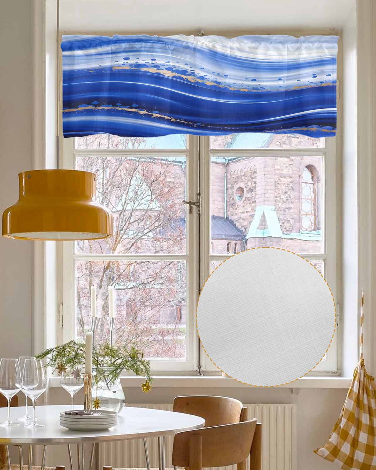 Blue Waves Abstract Kitchen Valances for Windows Farmhouse Linen Window Valance Curtain for Living Room Window Treatment Ocean Fluid Gradient Luxury Valance Rod Pocket Topper Drape, 54 x 18 Inch