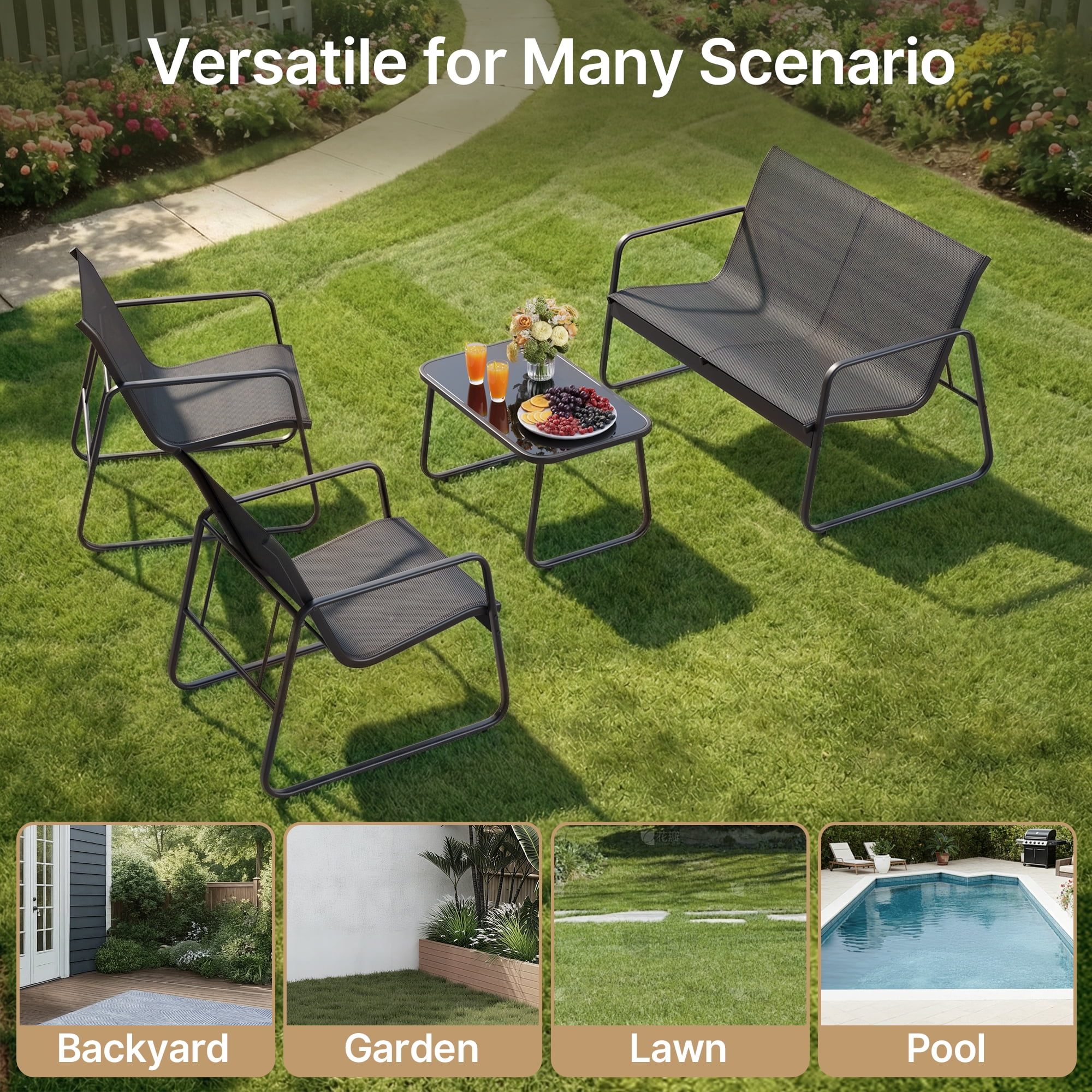 Lofka 4 PCS Patio Chairs Set, Outdoor Furniture Set with Loveseat and Cool Textile Fabric, Black