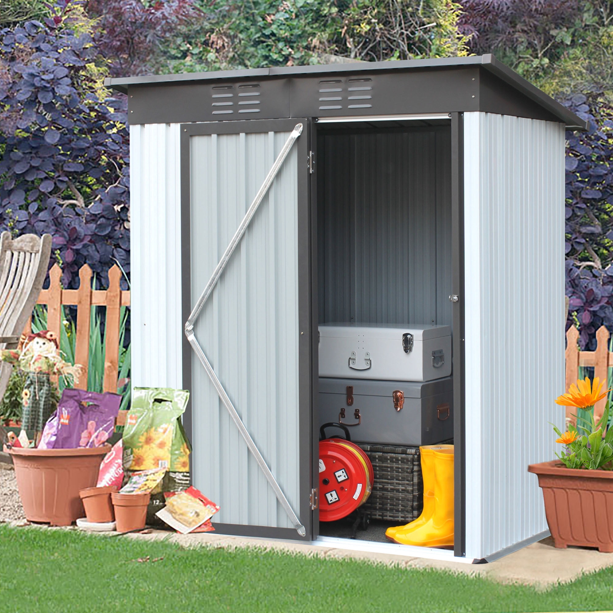 5x3ft Garden Shed Outdoor Metal Storage w/Hinged Lockable Door for