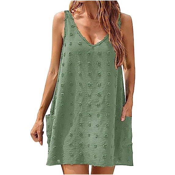 IROINNID Women's Sundress Summer Strap Dress Seashore Beach Gown V Tie Pocket Plush Ball Solid Color Drop Waist Dress