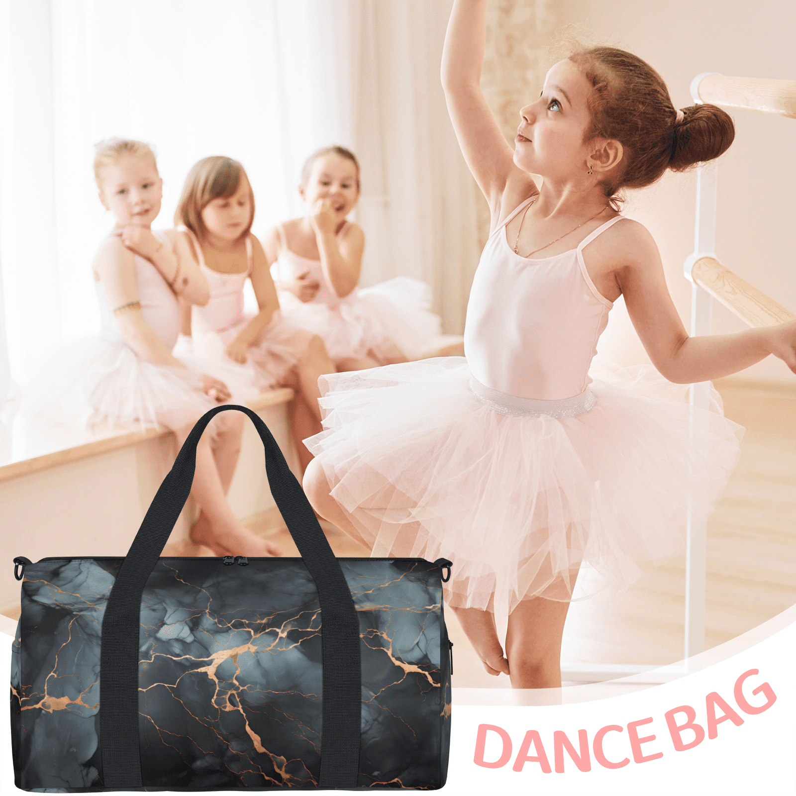 Herdesigns Black Marble Travel Duffle Bag Sports Yoga Weekender Overnight Carry on Workout Bags Lightweight Waterproof Gym Tote Bag for Women