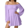 thumbnail image 3 of DHFJKG Women's Off The Shoulder Long Flared Sleeve Mini Dress Smocked Waist Solid Color Party Club Dresses 2026 Versatile Dresses, 3 of 9