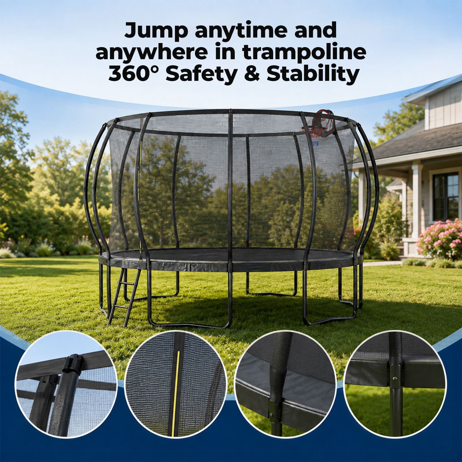Alvantor 14Ft Trampoline for Kids & Adults, Pumpkin Trampoline with Enclosure Net and Ladder for Backyard Black Red