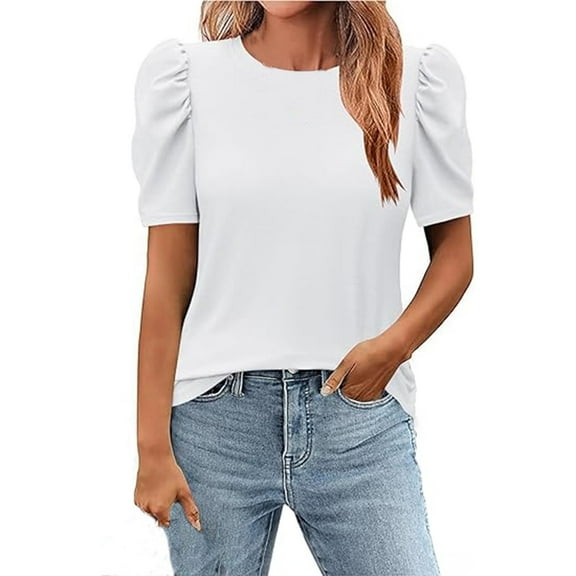 JGGSPWM Blouse for Women Dressy Casual Puff Short Sleeve Boho Tops Fashion Solid Crew Neck Tunic Shirts Summer Clothes White L