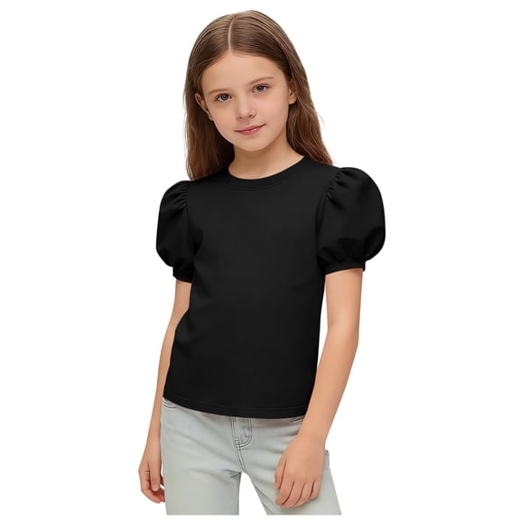 Ugoldhm Girls' Puff Sleeve Crew Neck T-Shirt Solid Color Loose Fit Casual Tee for Ages 5-15, School & Summer Wear