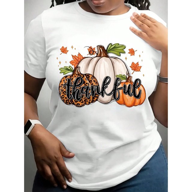 Women's Thanksgiving Graphic T-Shirt With Pumpkins, Casual Short Sleeve Round Neck Top, Machine Washable Spring/Summer Holiday apparel, Spring Summer Top, Relaxed Fit Tee, Festive Fashion