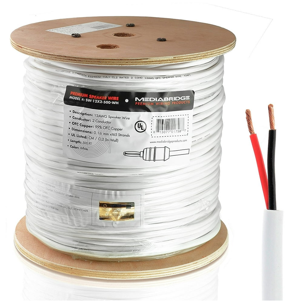 Mediabridge 12AWG 2Conductor Speaker Wire (500 ft, White) 99.9 Oxygen Free Copper CL2