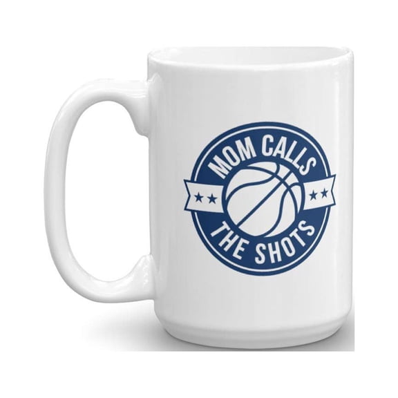 Mom Calls The Shots With Basketball Ball Funny Sports Theme Pun Ceramic Coffee & Tea Gift Mug, Party Supplies & Hot Chocolate Or Cocoa Cup For Sporty Playful Kids, Athletic Youth & Teenagers (15oz)