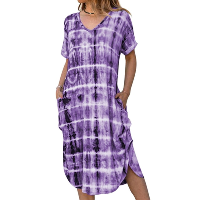 MAWCLOS Robes pour Femmes Robe T-Shirt Col en V Manches Courtes Robe Midi Vacances Dégradé Imprimé Violet L