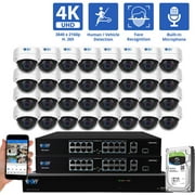 GW Security 32 Channel NVR UltraHD 4K Face/Human/Vehicle Detection PoE Security Camera System with 32 x 4K (8MP) IP Microphone AI Dome Camera, 100ft Night Vision, Outdoor/Indoor Surveillance Camera