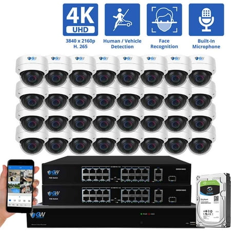 GW Security 32 Channel NVR UltraHD 4K Face/Human/Vehicle Detection PoE Security Camera System with 32 x 4K (8MP) IP Microphone AI Dome Camera, 100ft Night Vision, Outdoor/Indoor Surveillance Camera