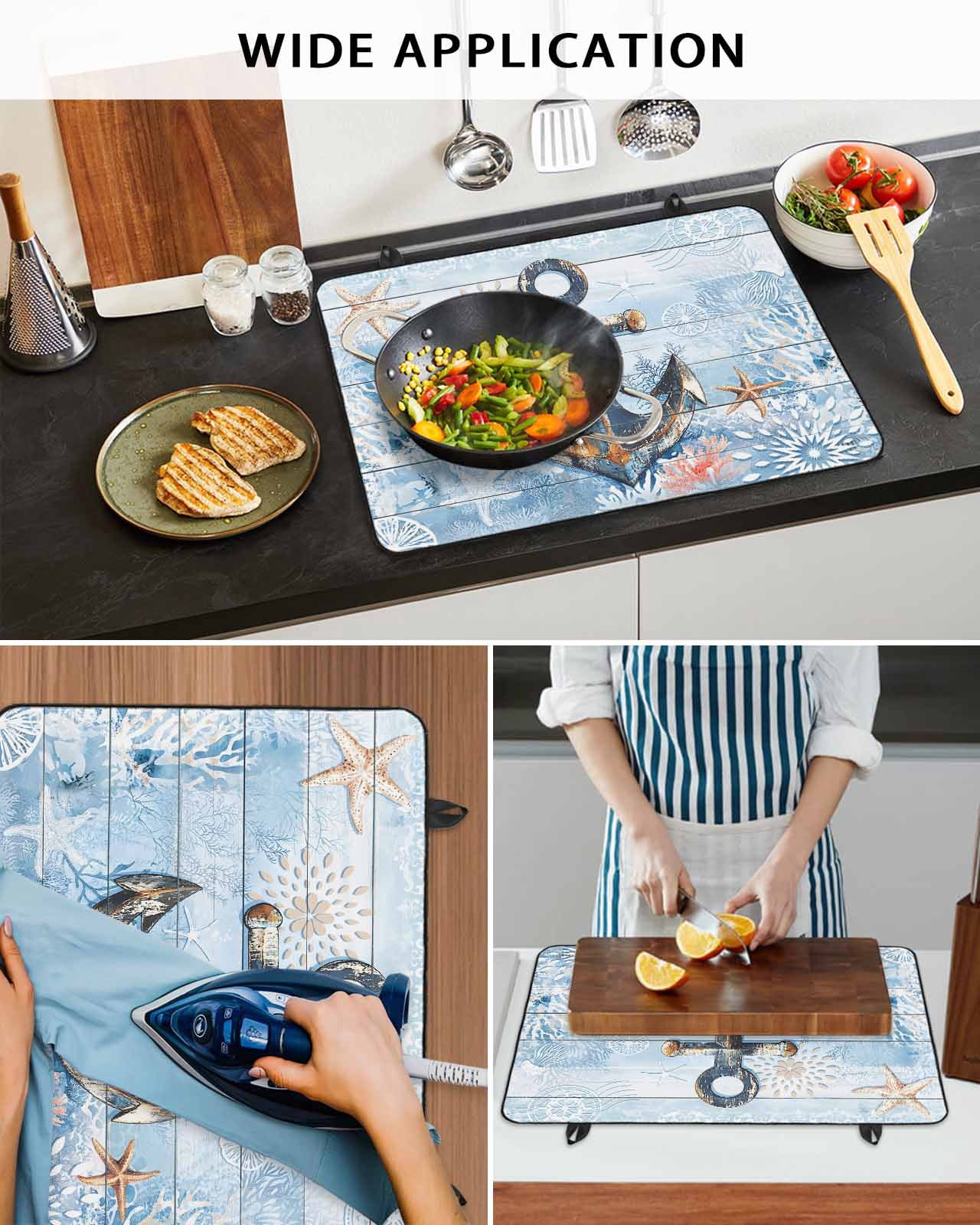 nqOlkjepod Large Induction Cooktop Protector Mat 24"x21", Nautical Anchor Stove Top Covers for Electric Stove, Blue Coastal Starfish Coral Wooden Grain Stove Burner Cover Mats, Glass Top Stove Cover