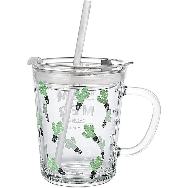 Vaso de vidrio con tapa y asa de silicona - Sin BPA para niños y adultos, 13.5 oz con escala para agua, leche y jugo (cactus)