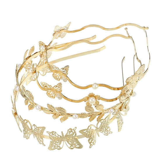 4 Pcs Alloy Metal Leaf Butterfly Shape Headbands Hair Accessories for Women Girl Gold Tone 4.92"x0.98"