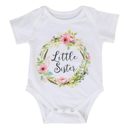 

Liliz Baby Girl Sister Clothes Short Sleeve Letter Flower Print Romper T-shirt White