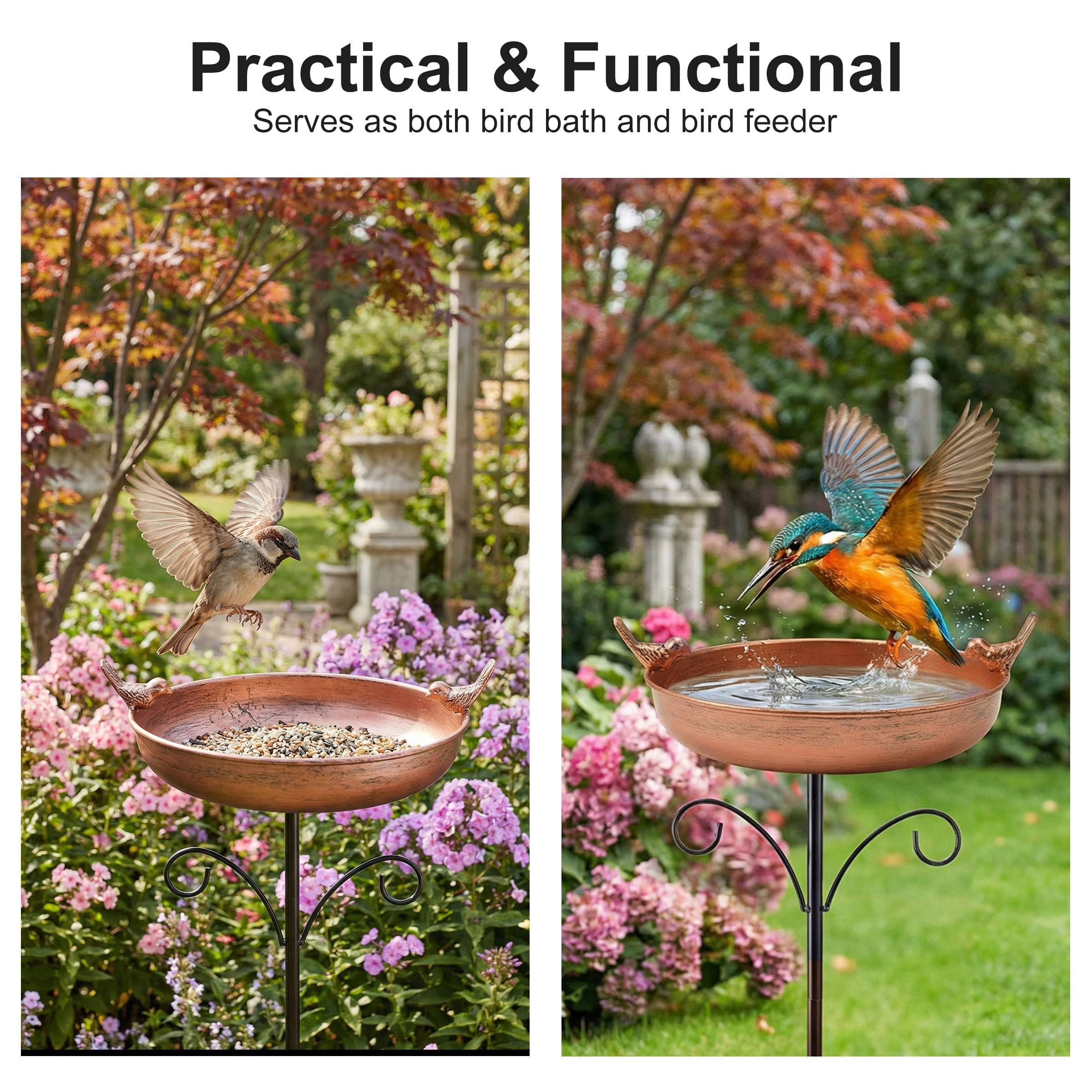 DualFerv Oval Polyresin Bird Bath Bowl with Metal Stake,31 inch Height Outdoor Freestanding Birdfeeder, 5-Pronged Base, Bronze