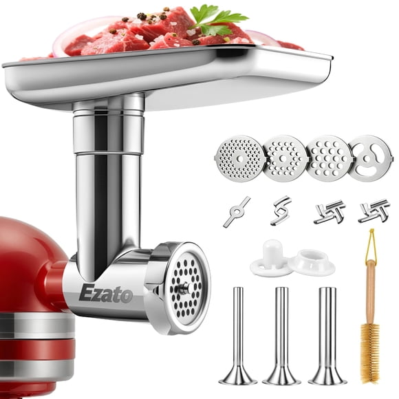 Meat Grinder & Stainless Steel Slicer Shredder Attachment for KitchenAid Stand Mixer, Includes Metal Food Grinder Attachment with Sausage Stuffer Tub