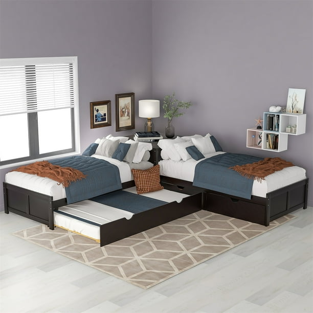 Twin Size LShaped Platform Bed with Trundle and Drawers Linked with Builtin Desk, Wood Corner