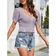 thumbnail image 2 of Jersey de mujer, Top corto de punto para mujer, cuello en V, manga corta, espalda abierta, Tops casu Abanopi Morado claro/Grande, 2 of 5