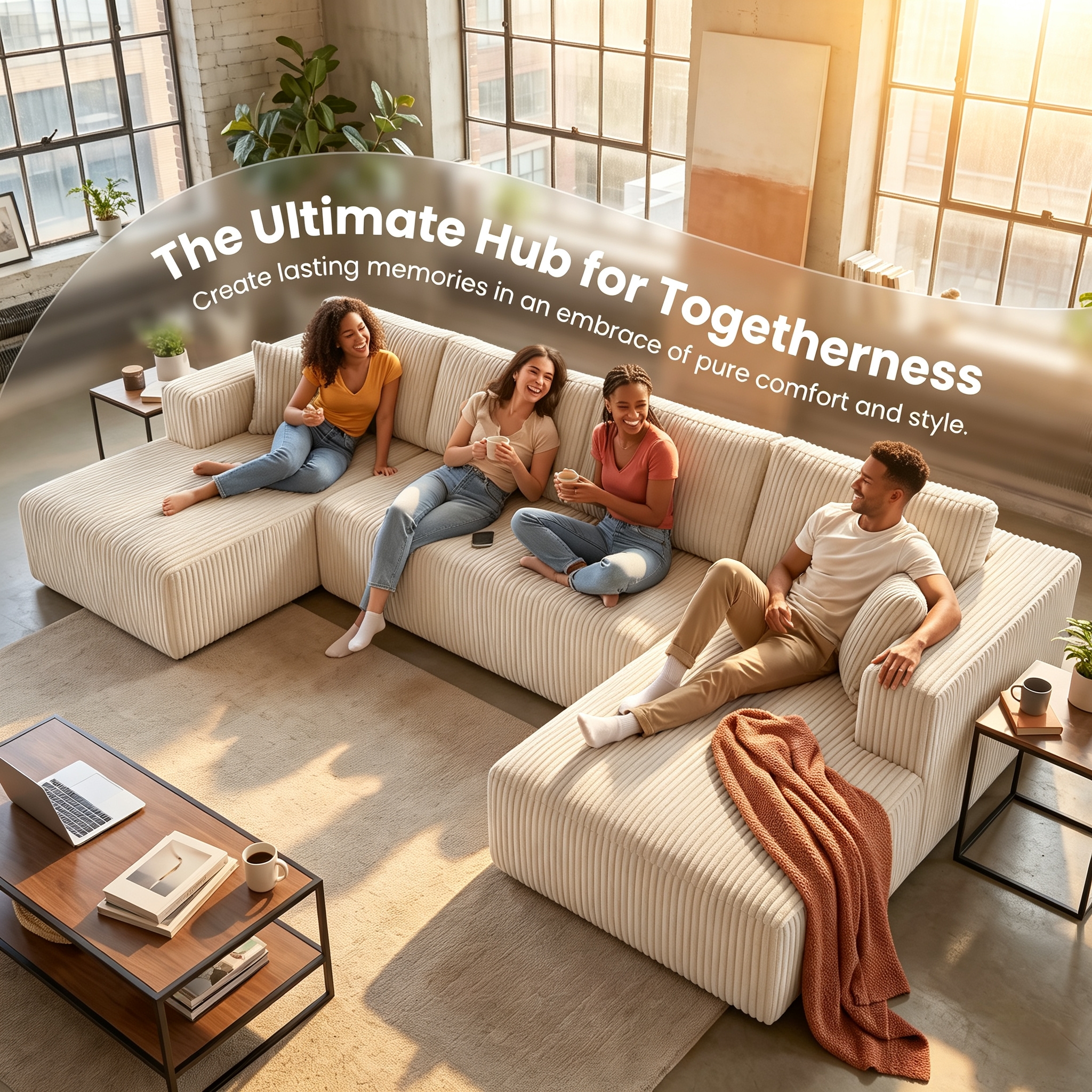 ShiKeyi 132.5" Modern U-Shaped Modular Sectional Sofa with Double Chaise, Corduroy Fabric Cloud Couch Set with Storage Pockets for Living Room, No Assembly Required, Beige
