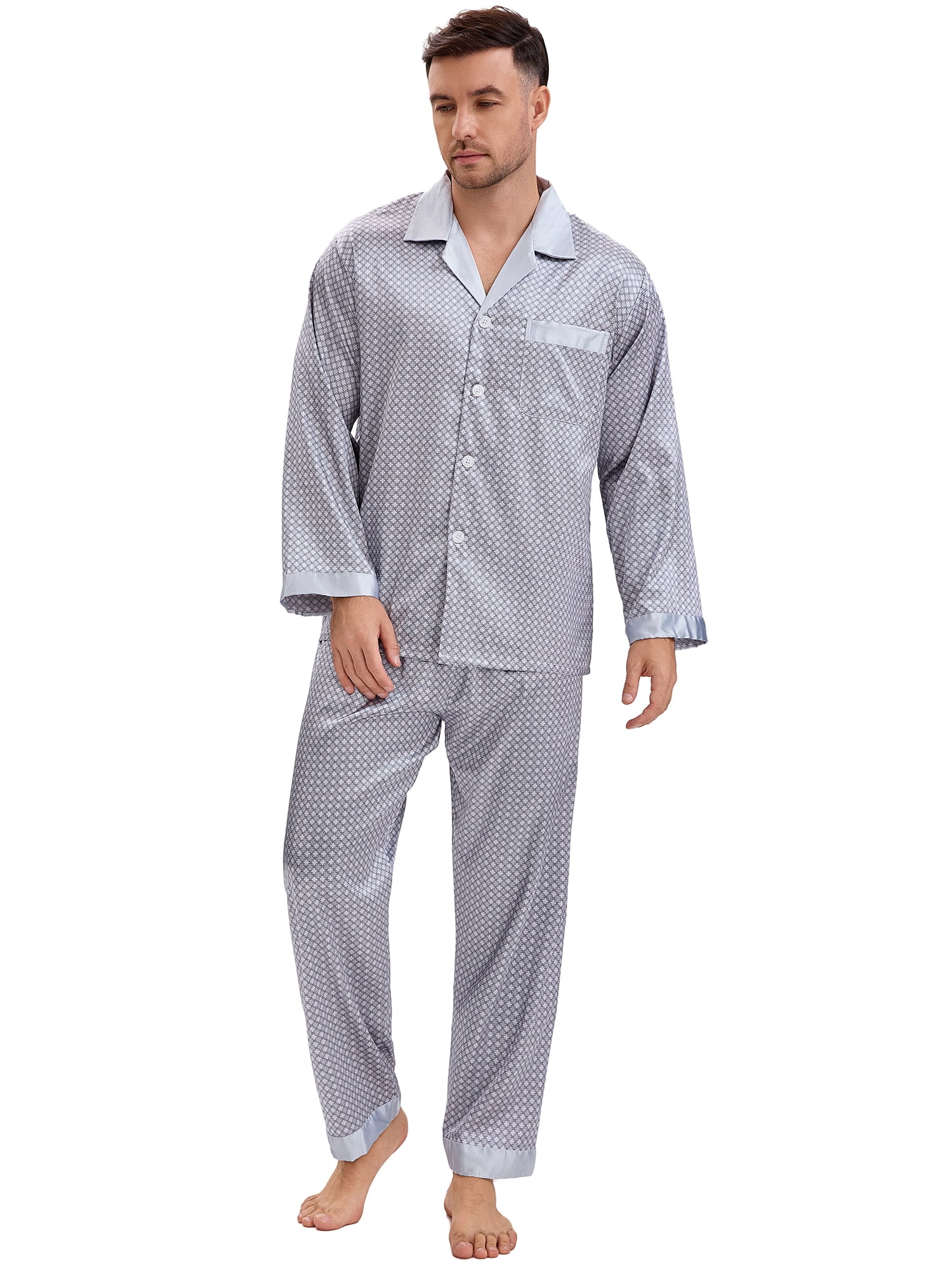 DARING DIVA Men's 2-Piece Button Down Printing Sleepshirt Pajamas Set L Silver Gray