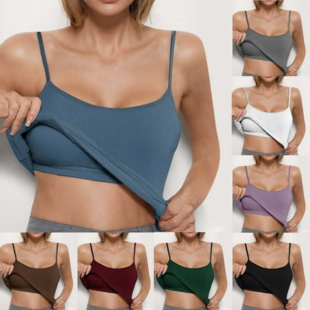 BiZtdJrK Womens Spaghetti Straps Tank Tops Casual Workout Yoga Cropped Camisole Solid Sleeveless Shirts with Built in Bra Purple XXL