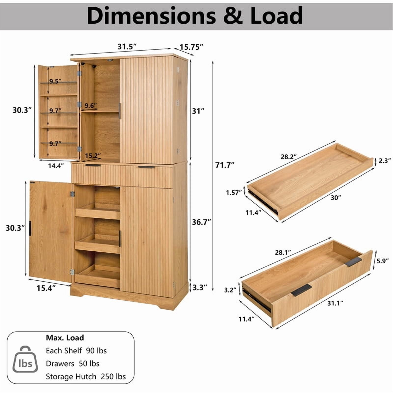 72'' Tall Fluted Kitchen Pantry Hutch with Rack & Drawer, Multi-Functional Storage Cabinet, Freestanding Cupboard Organizer