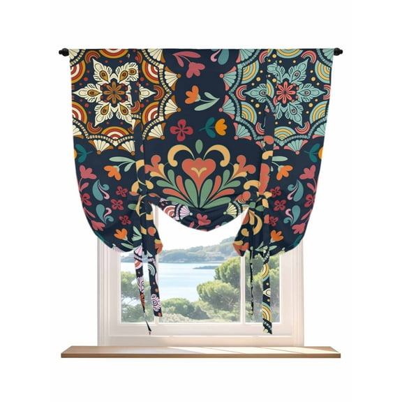 Vintage Flower Tie Up Curtains for Windows 54 Inch Length Balloon Curtains Kitchen Adjustable Balloon Window Shade Boho Abstract Colorful Ethnic Floral Tie Up Valance Bathroom Curtain Window 42"x54"