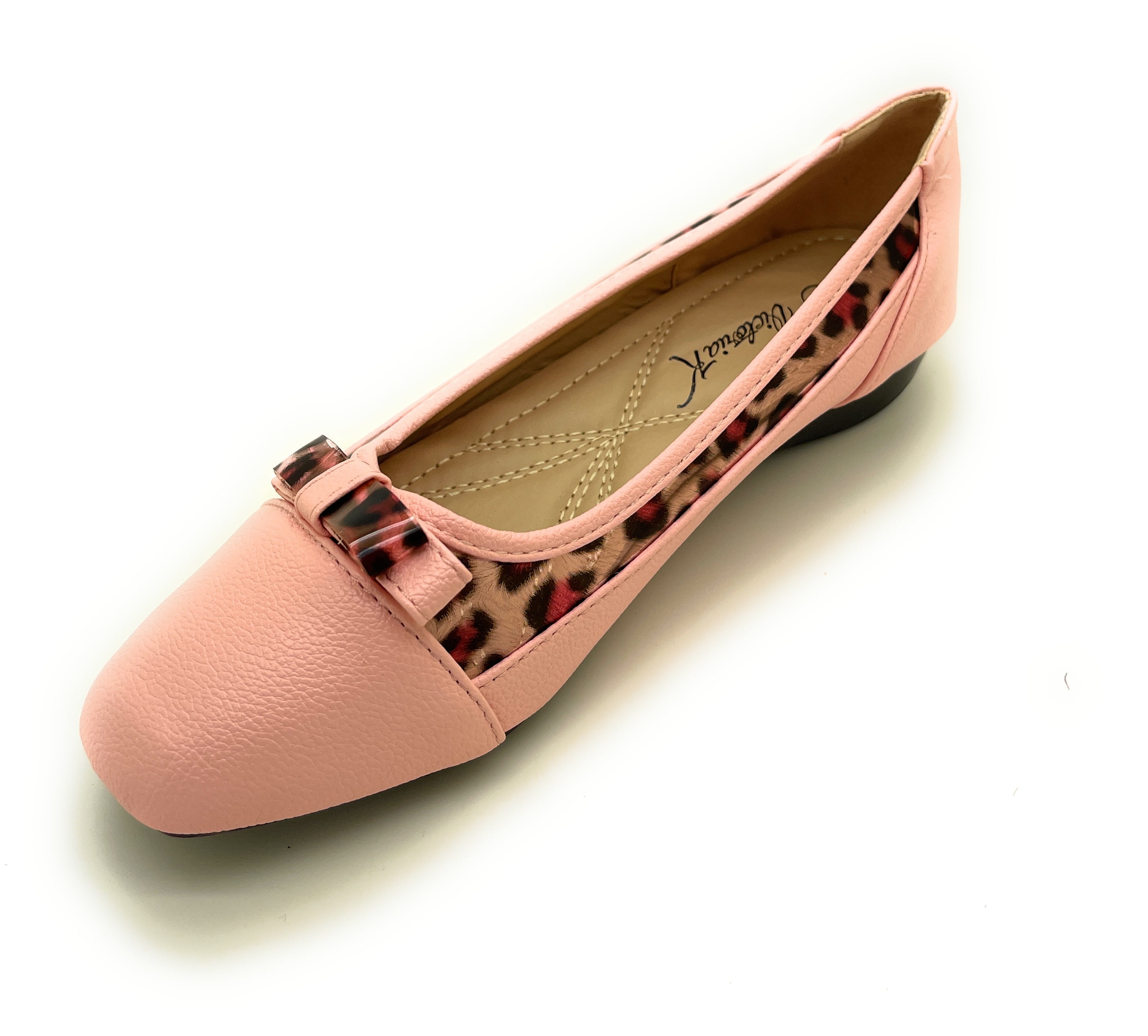 Women’s Ballerina Flats with Leopard Print Trim and Bow – Low Wedge Slip-On Dress Flats with Cushioned Insole – Comfortable Casual Everyday Shoes for Work or Evening Wear