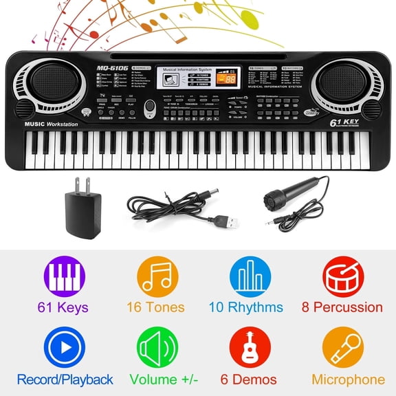 TeqHome 61 Key Piano Keyboard Digital Music Electric Keyboard with Microphone 16 Tones and 10 Rhythms Gifts for Beginners Black