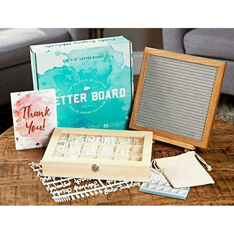 Flybold Felt Letter Board 10 x 10 Inches with Wooden Tripod Stand Classy Gray Felt 340 Changeable White Plastic Letters Gift Box