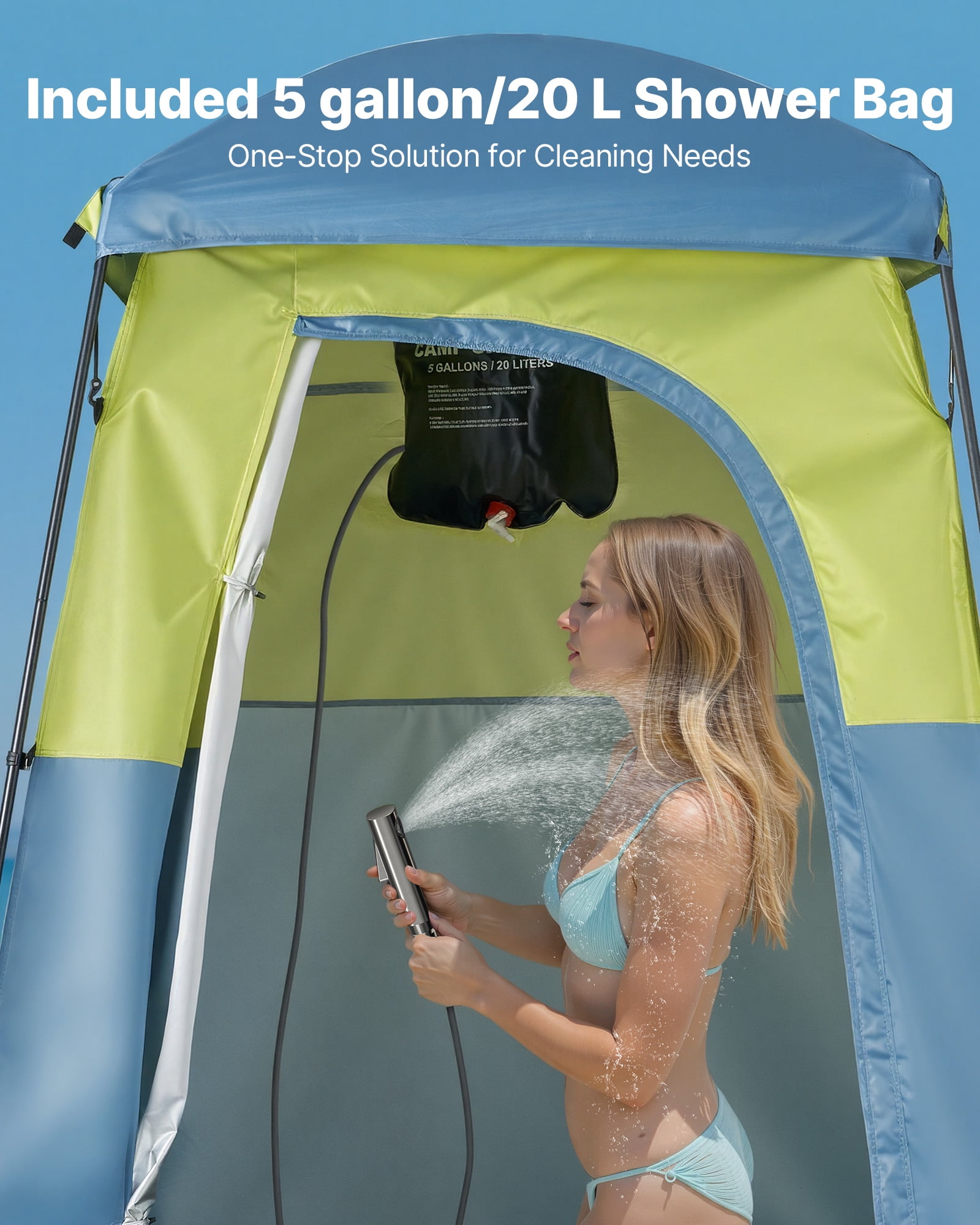 VEVOR Camping Shower Tent, 1 Room, Portable Privacy Tent Changing Room with Shower Bag, Ground Stakes, Ropes, Carry Bag, and Support Poles, 150D Oxford Fabric with Silver Coating, for Camping