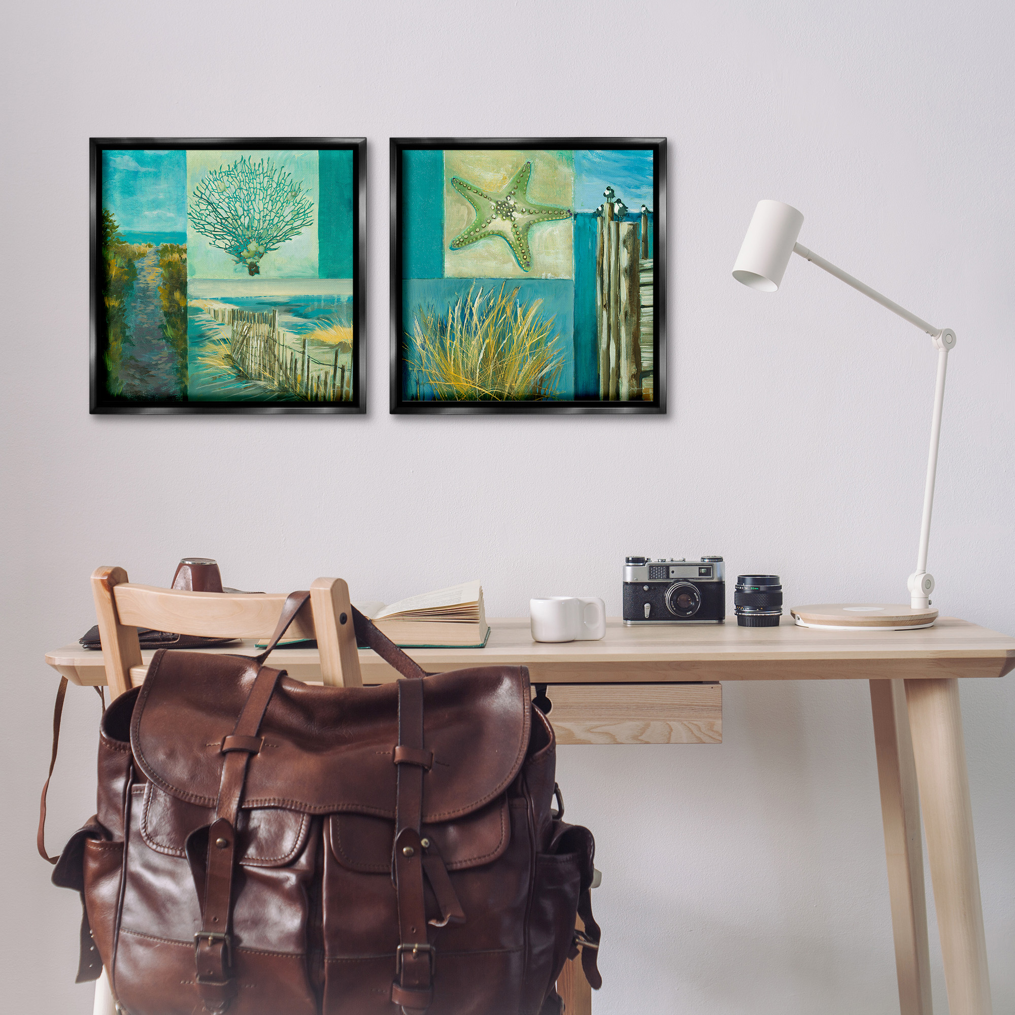 Stupell Industries Maritime Summer Collage Landscape Painting Black Floater Framed Canvas Art Print Wall Art, 18 x 18, Set of 2