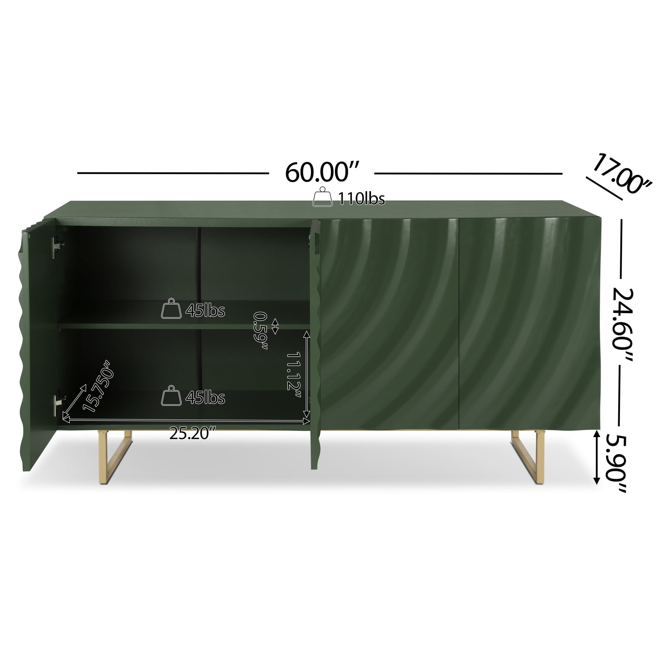Christopher Knight Home Modern Sculptural 60" Sideboard, Ripple Doors, Adjustable Shelves, Metal Legs, Green