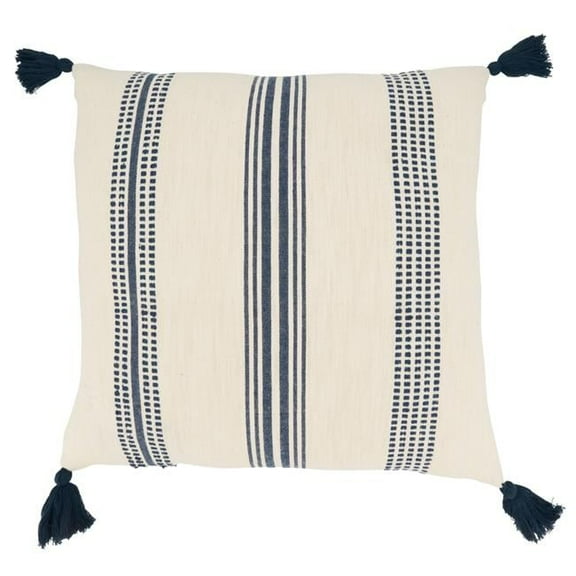 20 in. Playful Pattern Stripe Square Poly Filled Throw Pillow with Tassels, Navy Blue