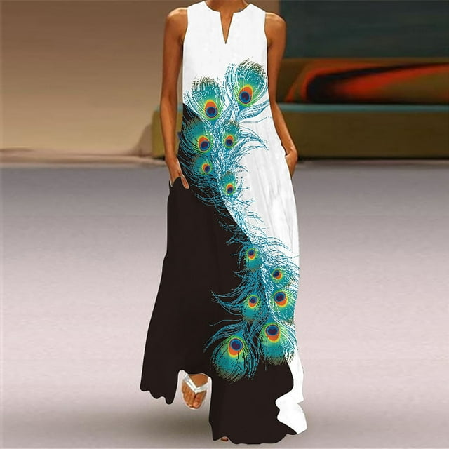 EGNMCR Robes d'Été Femmes Tendance 2024 Robe Longue Décontractée pour Femme avec Imprimé Rayé Floral Robe Maxi Sans Manches