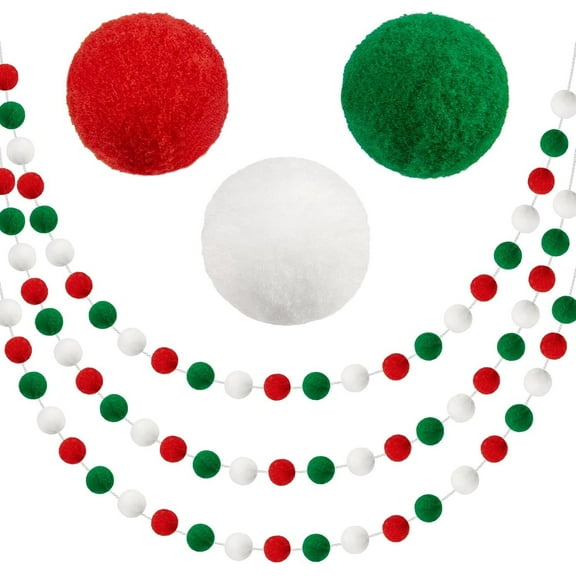 RUseeN Pom Pom Garland Christmas Decorations for Tree Indoor Home Room Decor 3 PCS Cute Hanging Felt Ball Red White Green Pompom Bead Ornament String Banner Garland Xmas Birthday Party Supplies