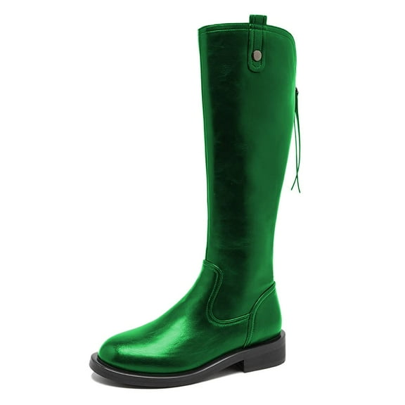 YDN Women Basic Round Toe Flats Knee High Boots Back Zipper low Heel Riding Boots Warm Comfy Outfit Winter Shoes Size 7 Green
