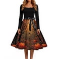 thumbnail image 4 of Women's Halloween Dress Bat Cocktail Square Neckline Fashion Swing Dress Candy Hepburn Long Sleeve Casual Dresses with Belt M, 4 of 5