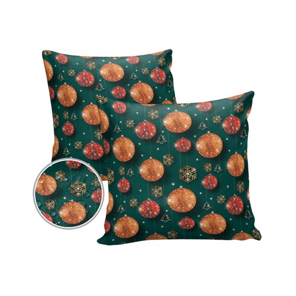 Pack of 2 Outdoor Pillow Covers, Christmas Theme Xmas Ball Pattern Waterproof Square Throw Pillowcase Cushion Decorative Pillow Covers for Couch Patio Tent, 24x24 in