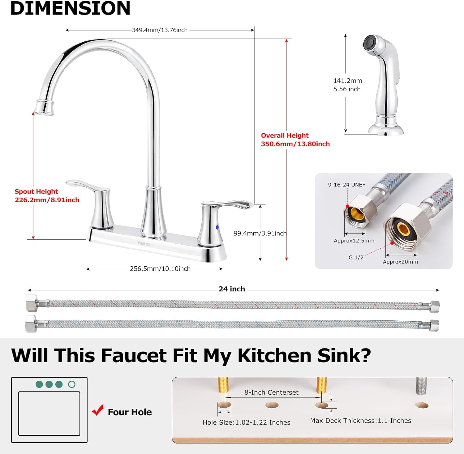 PARLOS 8 inch Two Handles High Arch Kitchen Sink Faucet with Side Sprayer & Supply Lines, Chrome