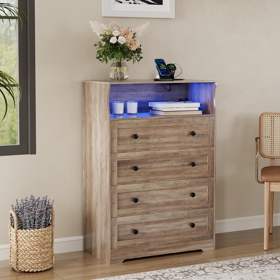 Tall Dresser for Bedroom with LED Lights & Charging Station, 4 Drawer Wood Chest of Drawers for Closet, Living Room, Hallway, Entryway, Modern Nightstand for Bedside, Grey Wooden Dressers