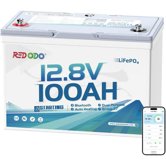 Redodo 12V 100Ah Bluetooth Dual-Purpose 900CCA Group27 Marine Battery, Starting Battery with Heating & Smart Power Retention
