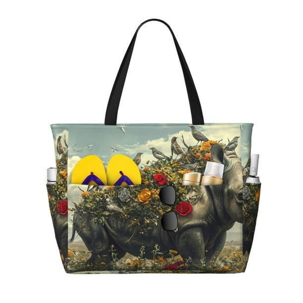 Easygdp Floral Rhino With Birds Bolsa de Viaje de Playa de Gran Capacidad, Bolsa Tote Perfecta para la Playa, Escapadas de Fin de Semana y Viajes
