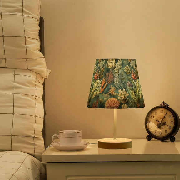Yayeee Mini Table Lamp 10.8" Dimmable with Fabric Shade 3 Color Temperatures, Sea Plants Pattern